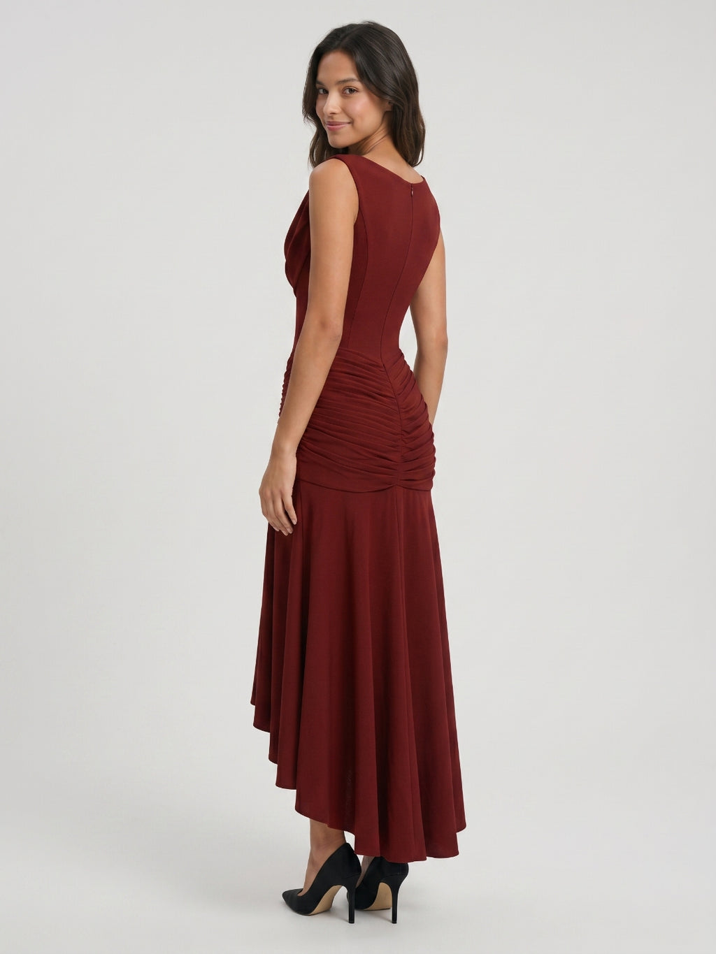 Burgundy Stretch Knit Sheath Scoop Neck Asymmetrical Prom Dress with Back Zip