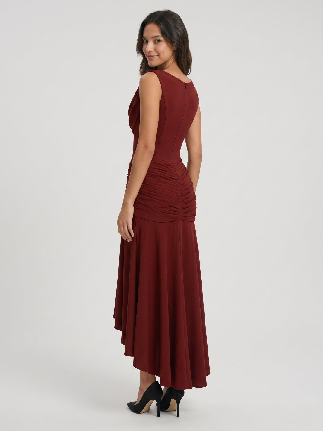 Burgundy Stretch Knit Sheath Scoop Neck Asymmetrical Prom Dress with Back Zip