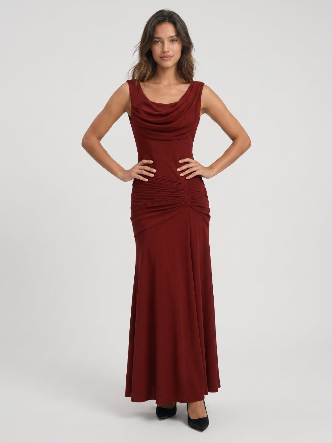 Burgundy Stretch Knit Sheath Scoop Neck Asymmetrical Prom Dress with Back Zip