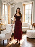 Burgundy Tulle A-Line Sweetheart V-Back Floor-Length Ruffle Prom Dress