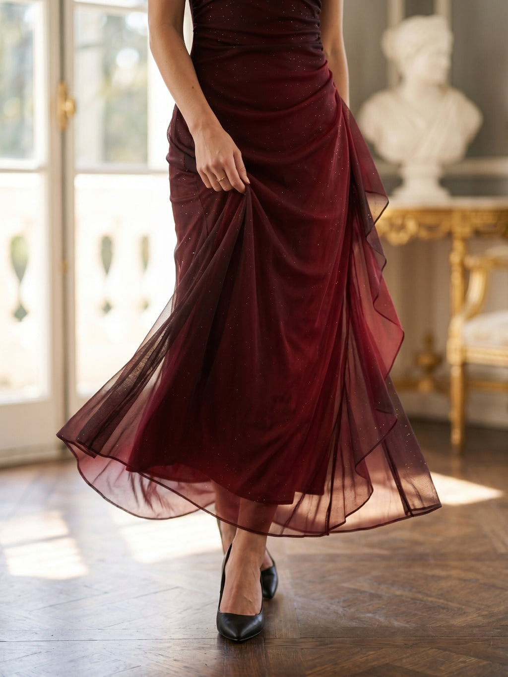 Burgundy Tulle A-Line Sweetheart V-Back Floor-Length Ruffle Prom Dress