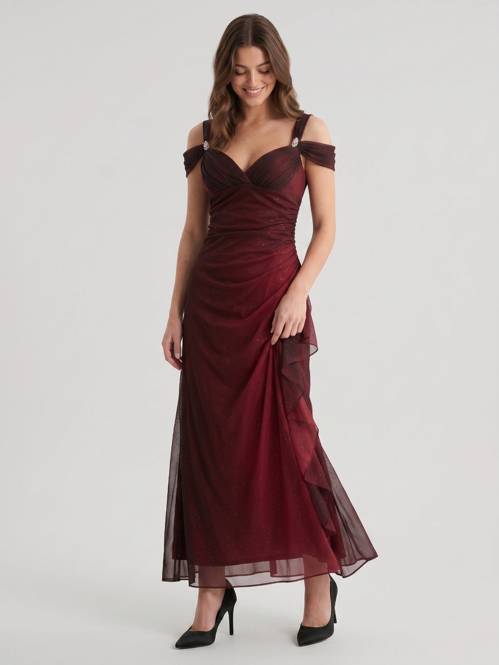 Burgundy Tulle A-Line Sweetheart V-Back Floor-Length Ruffle Prom Dress