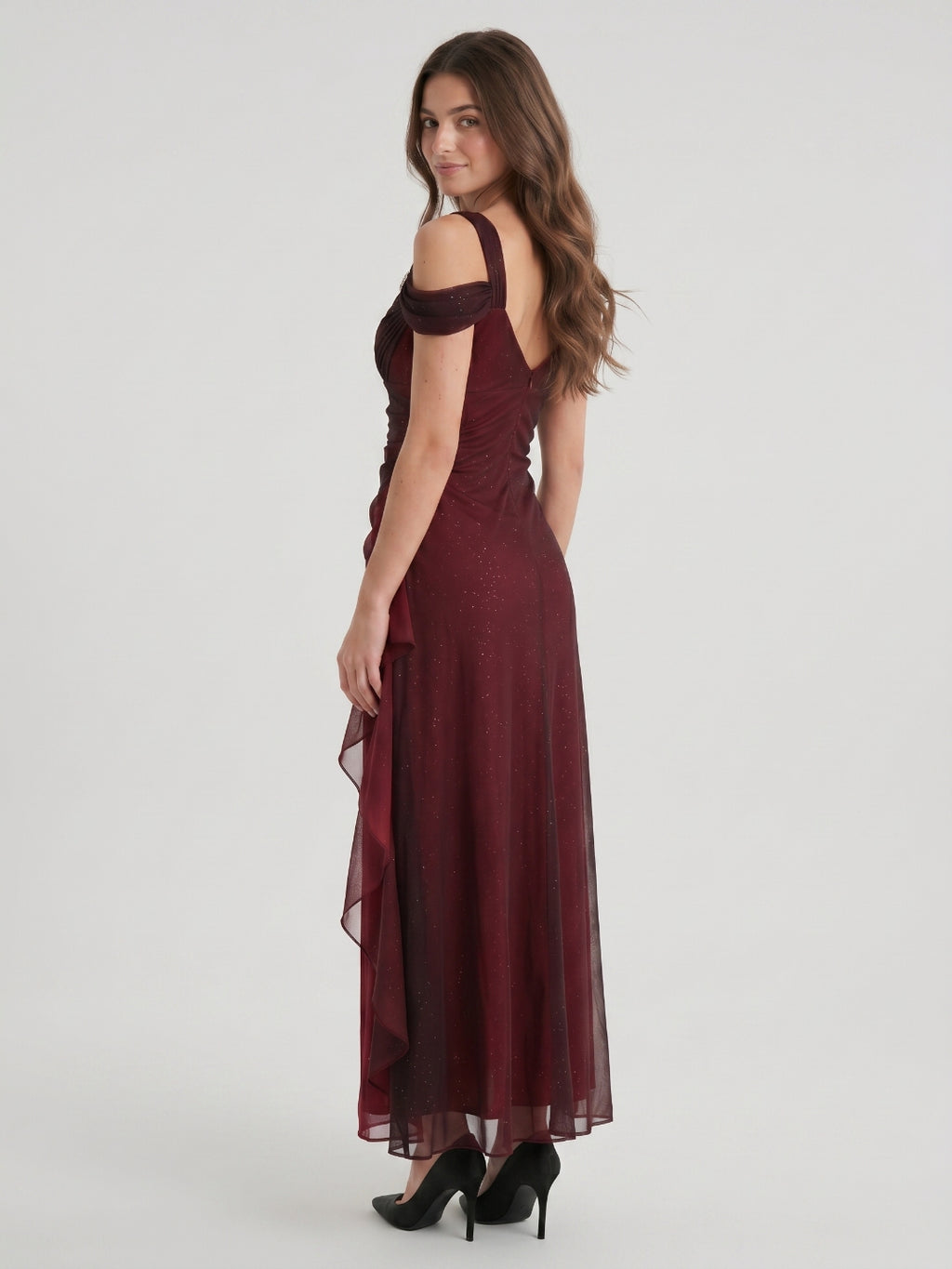 Burgundy Tulle A-Line Sweetheart V-Back Floor-Length Ruffle Prom Dress