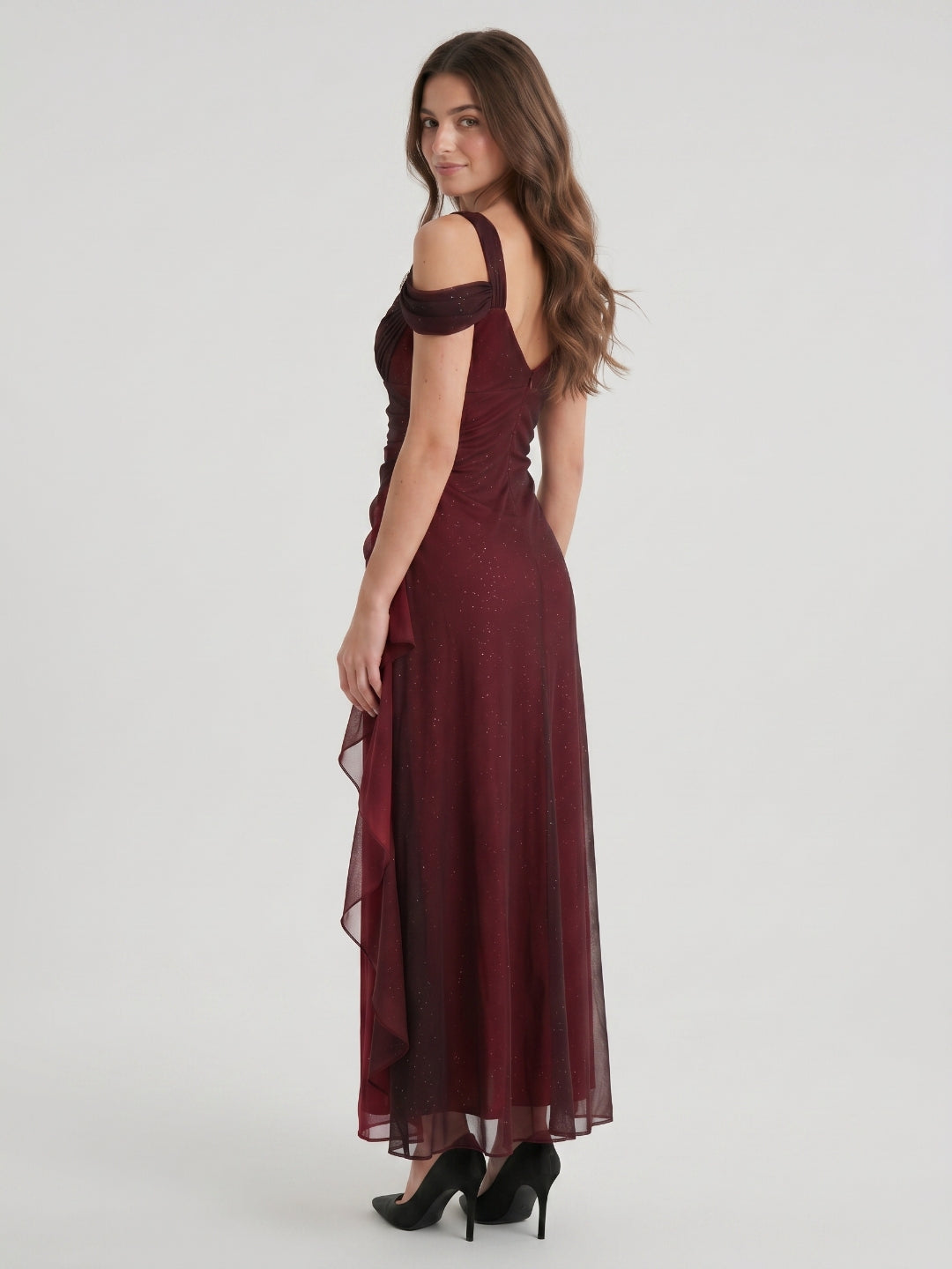 Burgundy Tulle A-Line Sweetheart V-Back Floor-Length Ruffle Prom Dress