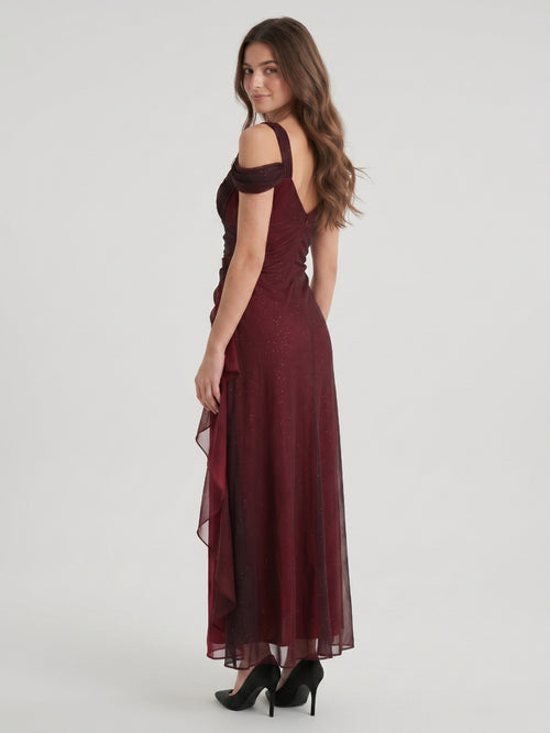 Burgundy Tulle A-Line Sweetheart V-Back Floor-Length Ruffle Prom Dress