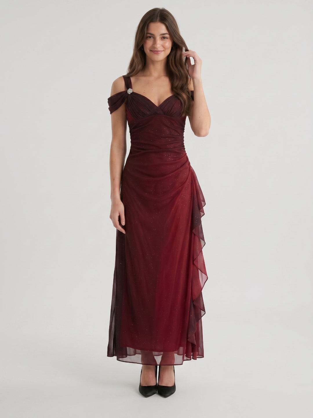 Burgundy Tulle A-Line Sweetheart V-Back Floor-Length Ruffle Prom Dress