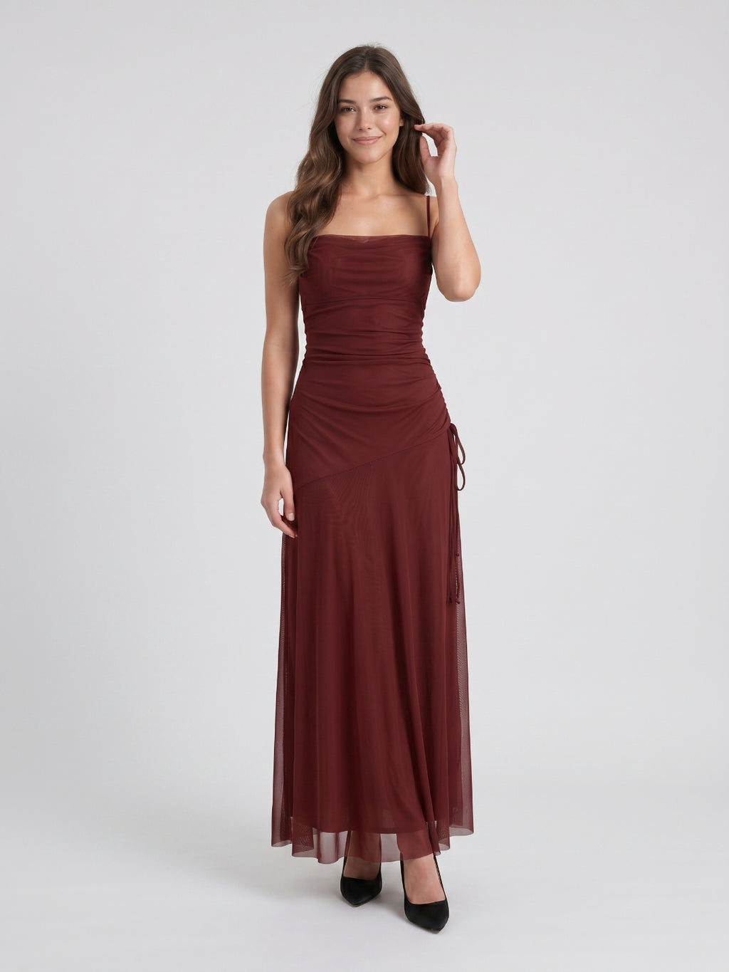 Burgundy Tulle Sheath Straight Neck Backless Floor-Length Pleated Prom Dress