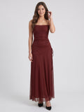 Burgundy Tulle Sheath Straight Neck Backless Floor-Length Pleated Prom Dress