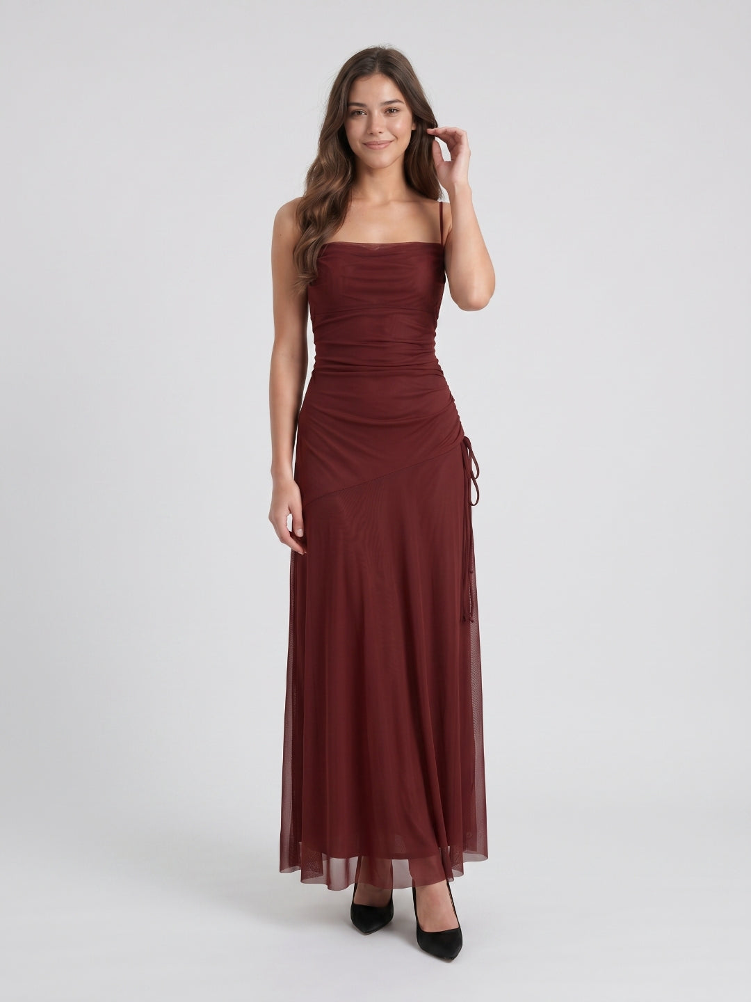 Burgundy Tulle Sheath Straight Neck Backless Floor-Length Pleated Prom Dress