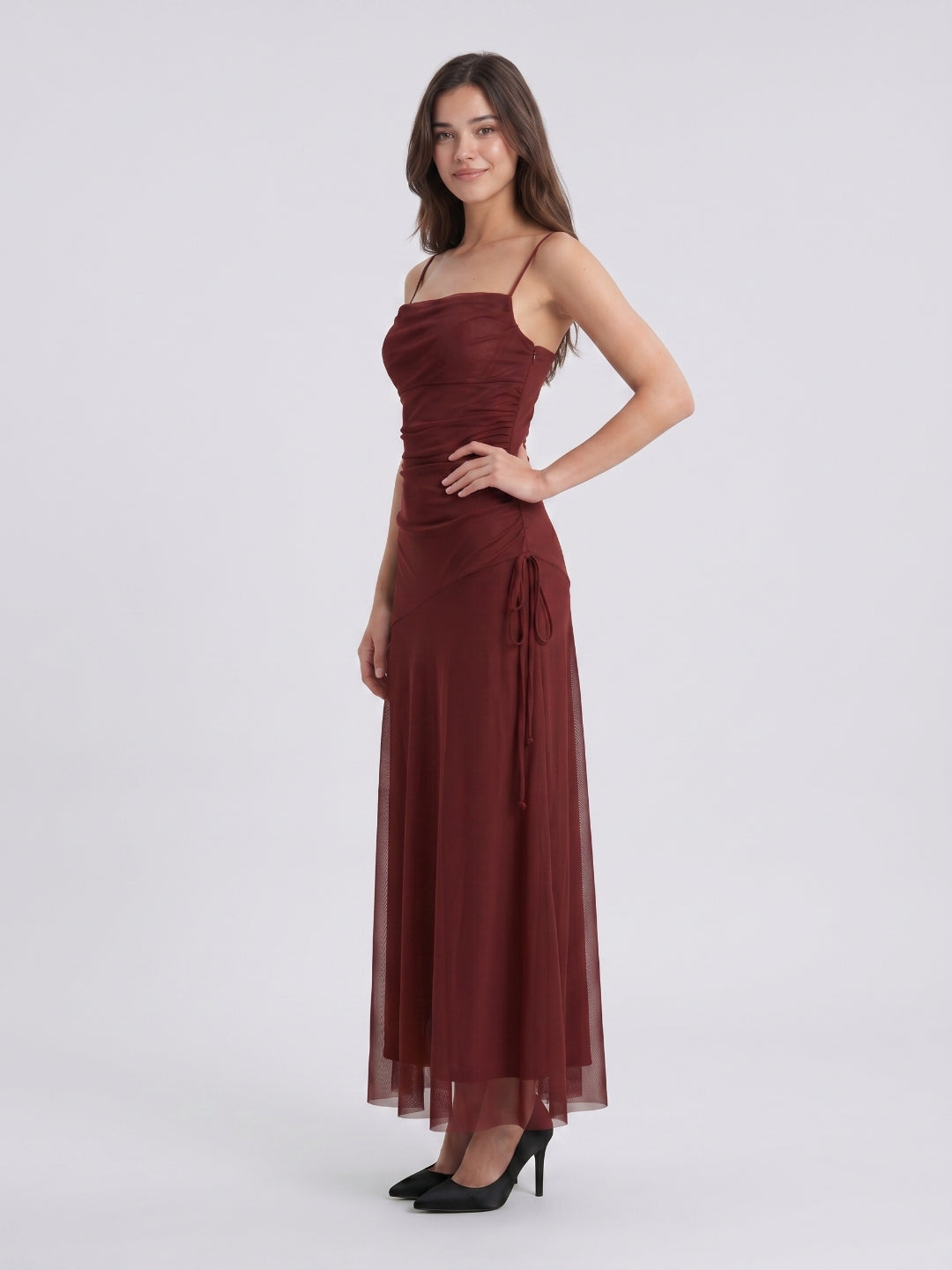Burgundy Tulle Sheath Straight Neck Backless Floor-Length Pleated Prom Dress