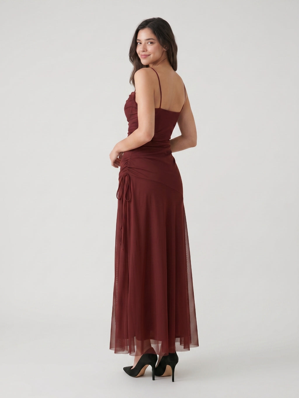 Burgundy Tulle Sheath Straight Neck Backless Floor-Length Pleated Prom Dress