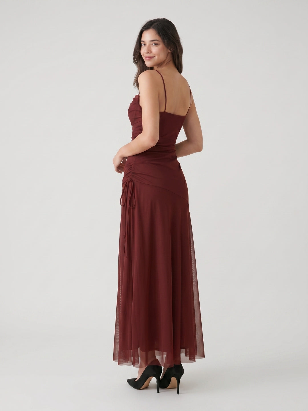 Burgundy Tulle Sheath Straight Neck Backless Floor-Length Pleated Prom Dress