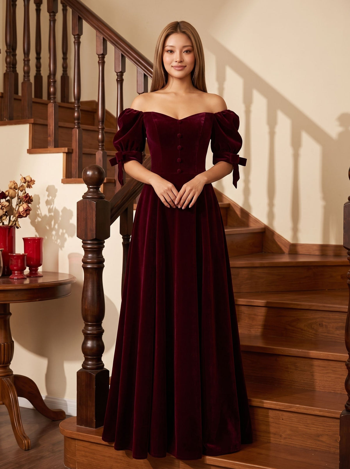 Burgundy Velvet A-Line Off-the-Shoulder Back Zip Floor-Length Dress