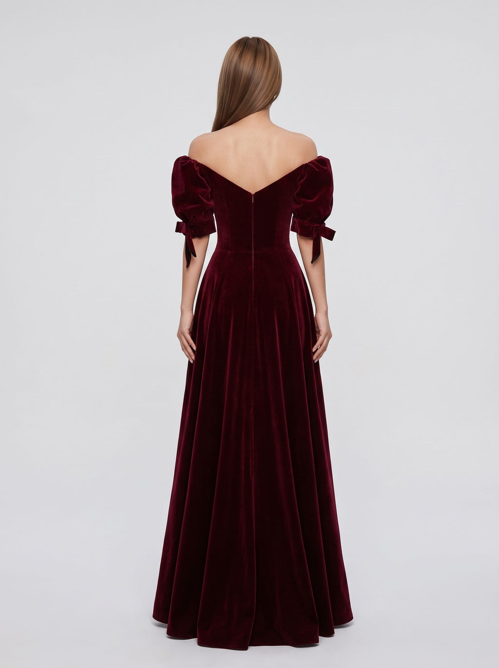 Burgundy Velvet A-Line Off-the-Shoulder Back Zip Floor-Length Dress