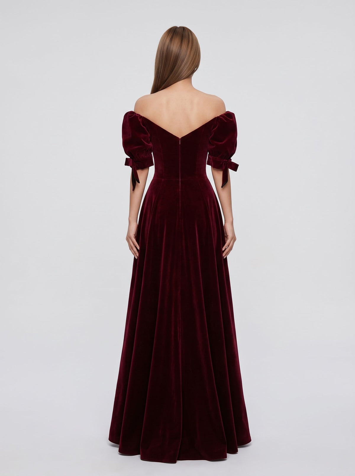Burgundy Velvet A-Line Off-the-Shoulder Back Zip Floor-Length Dress