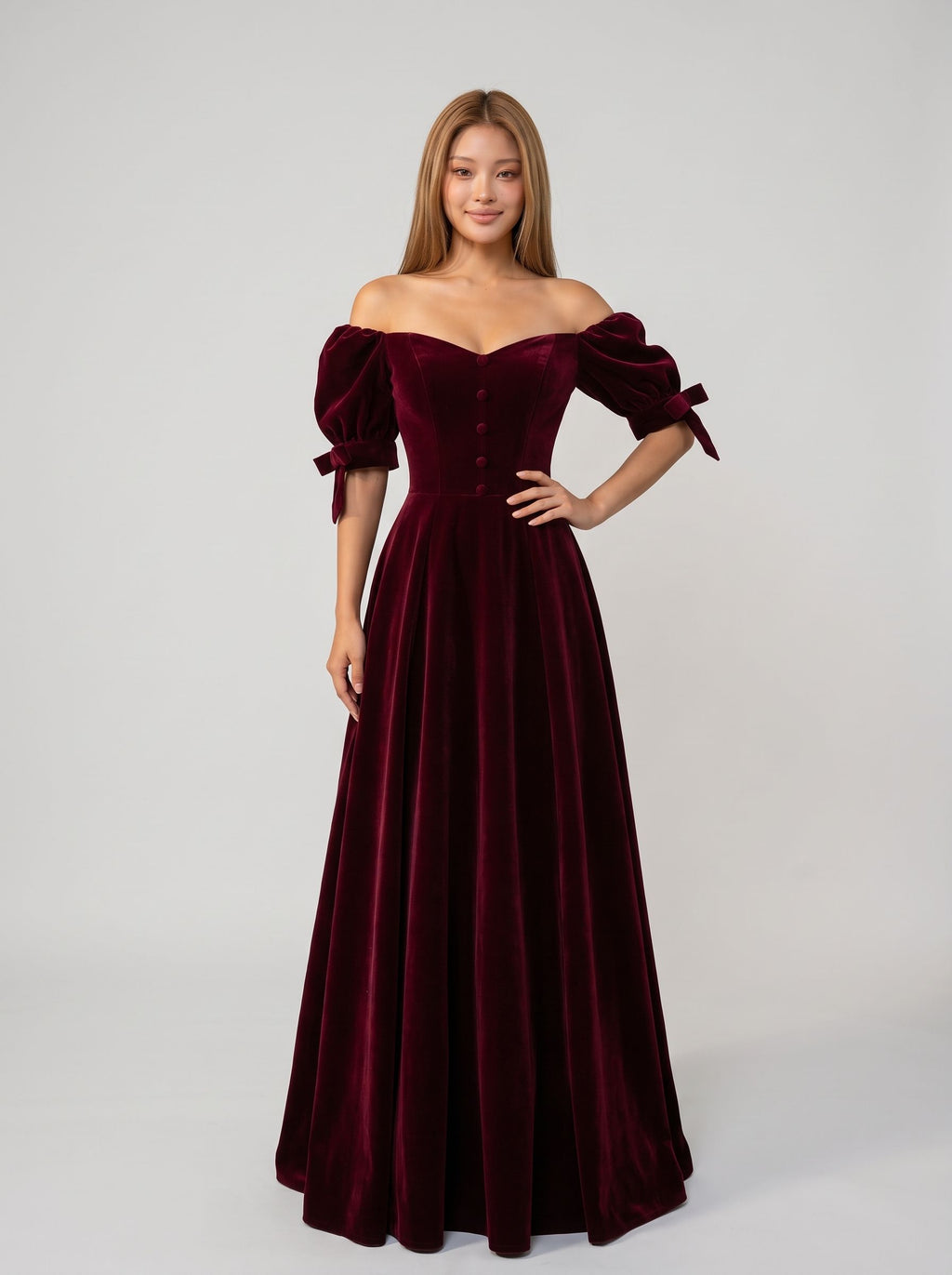 Burgundy Velvet A-Line Off-the-Shoulder Back Zip Floor-Length Dress