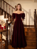 Burgundy Velvet A-Line Off-the-Shoulder Back Zip Floor-Length Dress