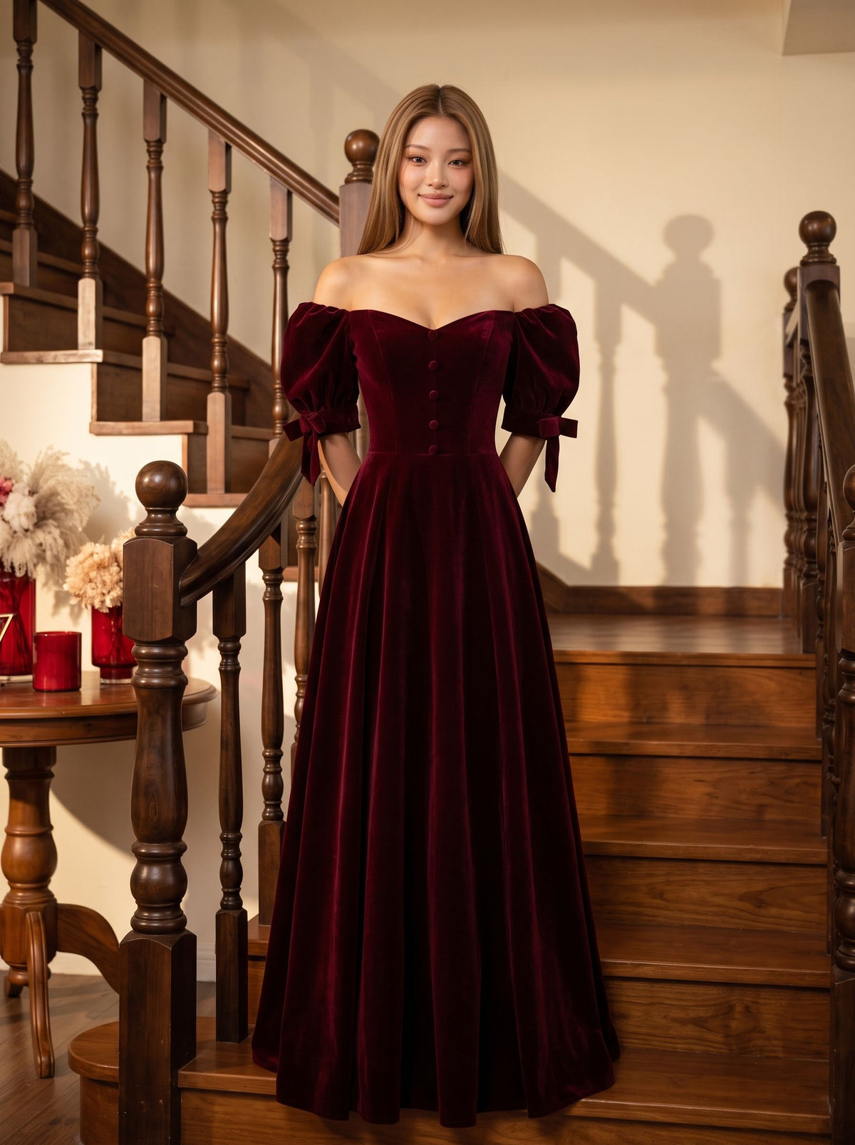 Burgundy Velvet A-Line Off-the-Shoulder Back Zip Floor-Length Dress