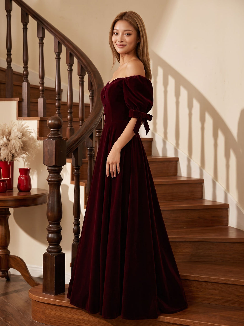 Burgundy Velvet A-Line Off-the-Shoulder Back Zip Floor-Length Dress