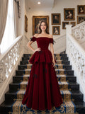 Burgundy Velvet A-Line Off-the-Shoulder Lace-up Floor-Length Dress