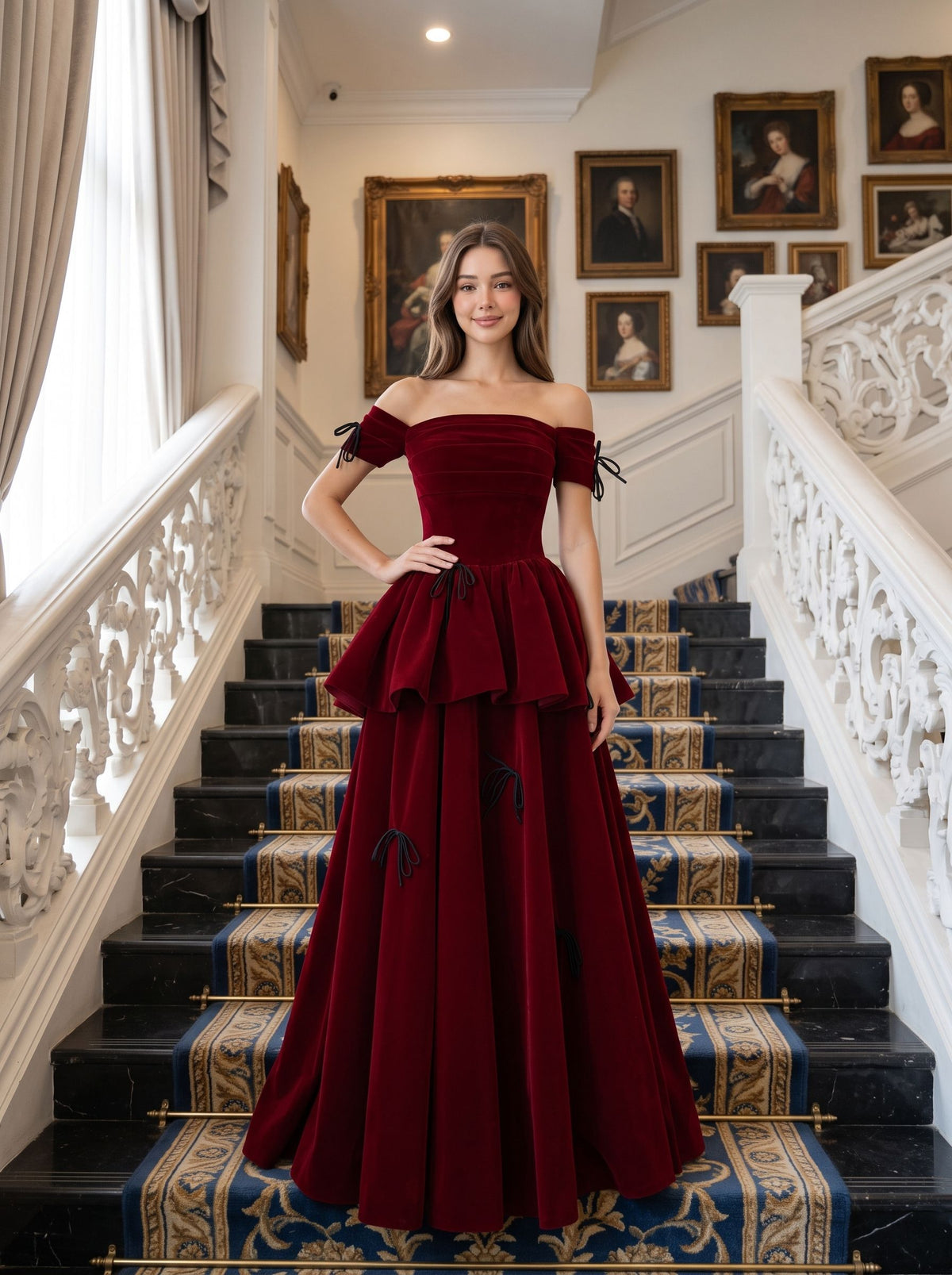 Burgundy Velvet A-Line Off-the-Shoulder Lace-up Floor-Length Dress
