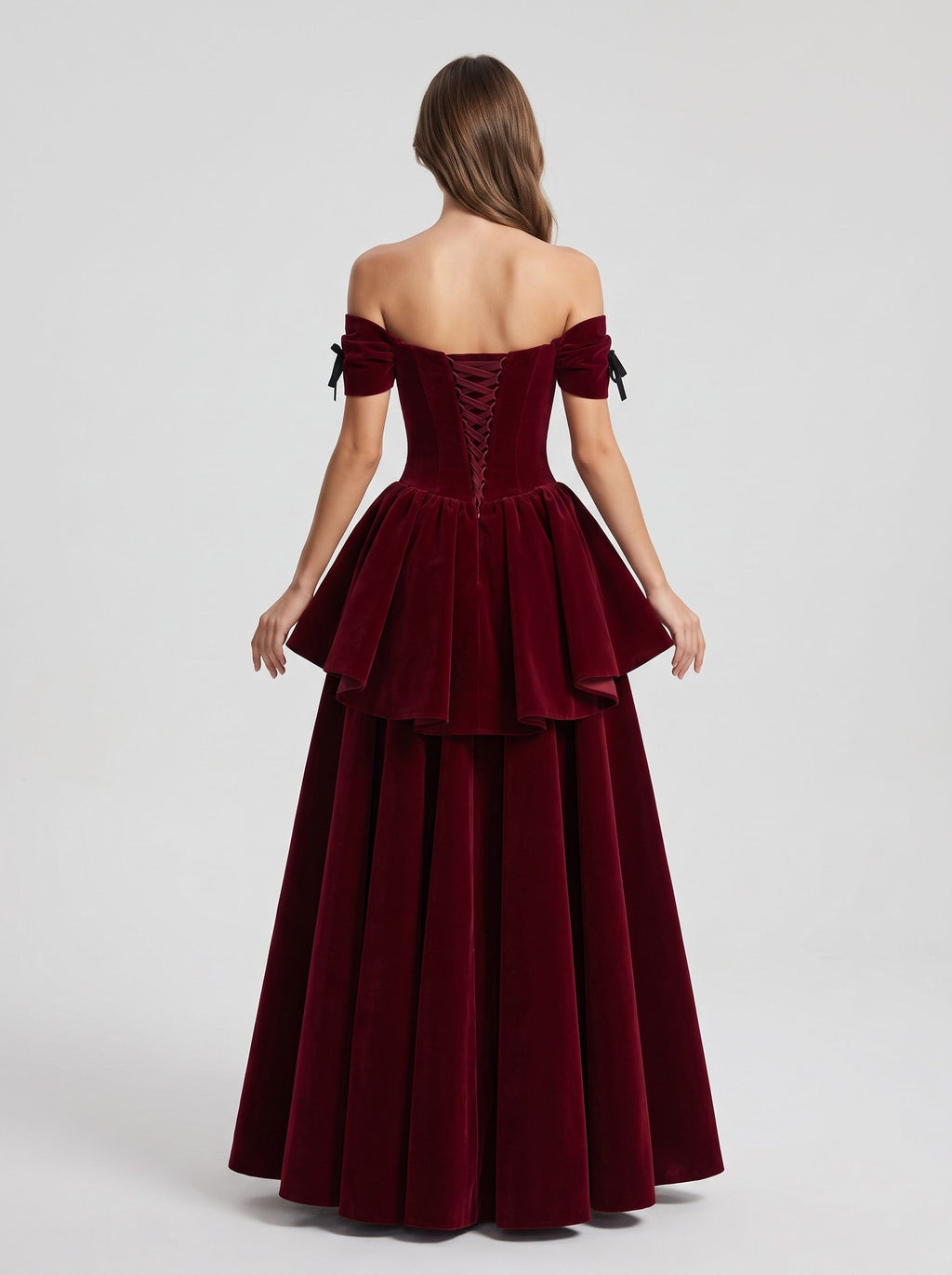Burgundy Velvet A-Line Off-the-Shoulder Lace-up Floor-Length Dress