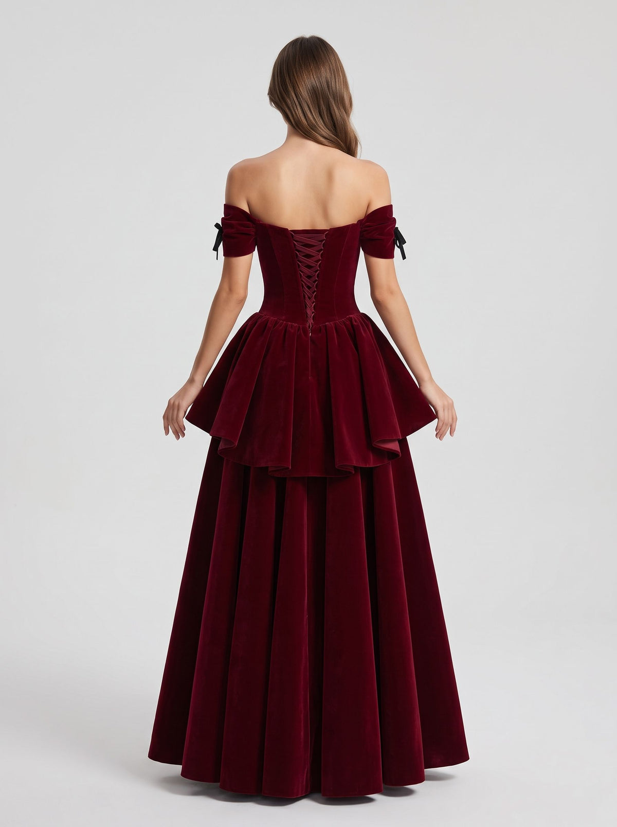 Burgundy Velvet A-Line Off-the-Shoulder Lace-up Floor-Length Dress