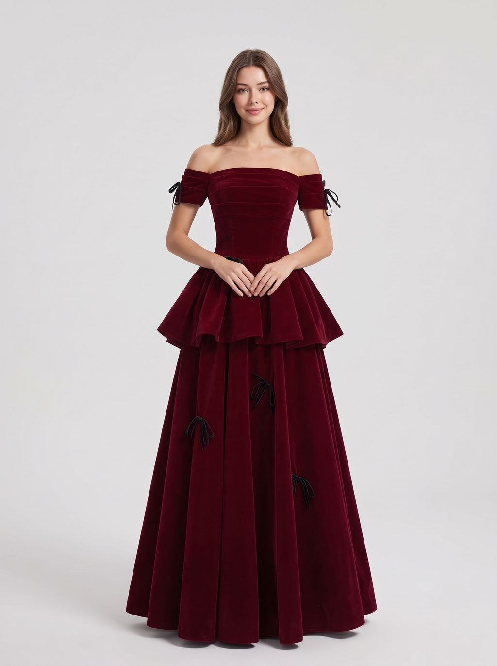 Burgundy Velvet A-Line Off-the-Shoulder Lace-up Floor-Length Dress