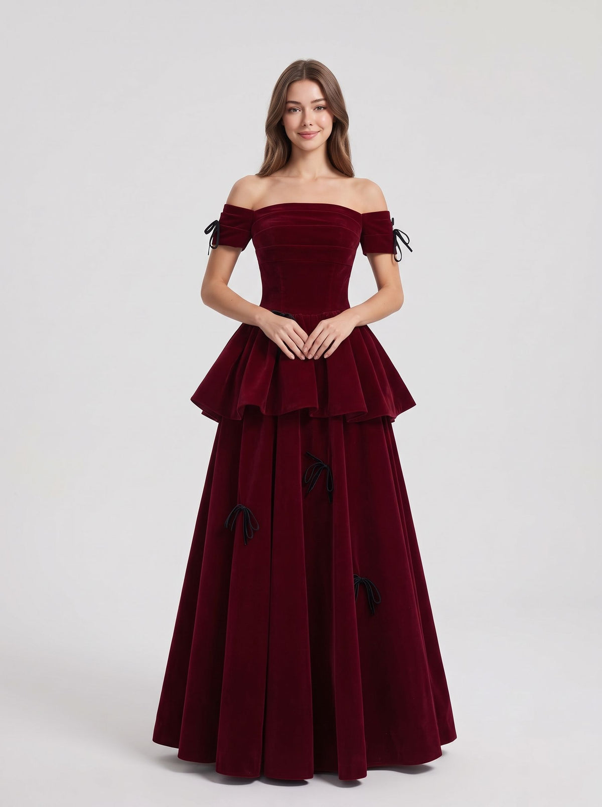 Burgundy Velvet A-Line Off-the-Shoulder Lace-up Floor-Length Dress