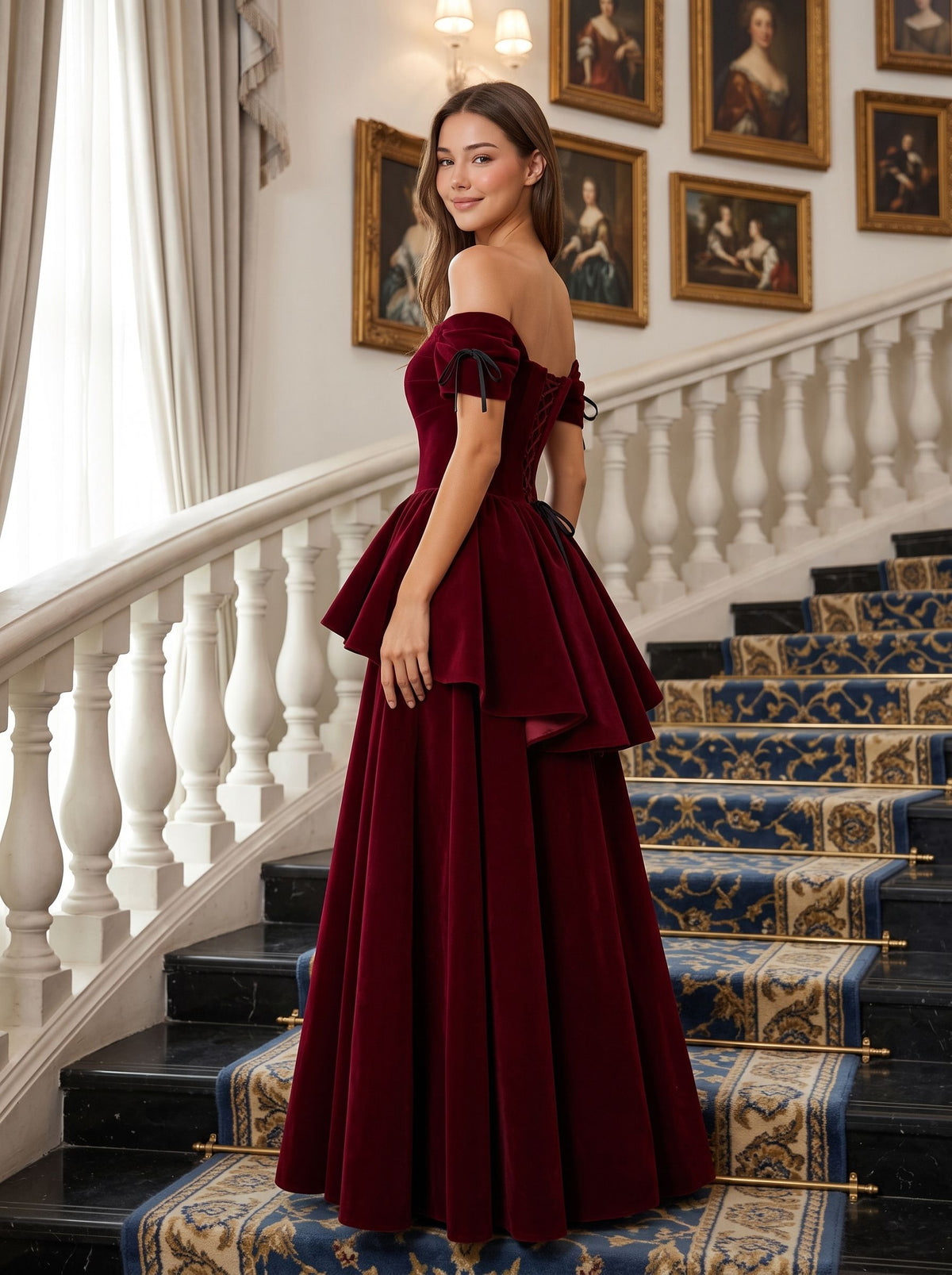 Burgundy Velvet A-Line Off-the-Shoulder Lace-up Floor-Length Dress