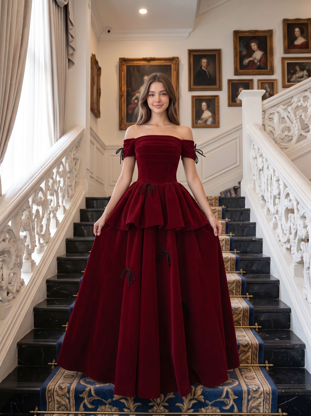 Burgundy Velvet A-Line Off-the-Shoulder Lace-up Floor-Length Dress