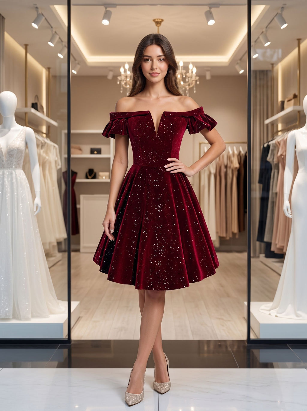 Burgundy Velvet A-Line Off-the-Shoulder Lace-up Knee-Length Dress
