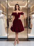 Burgundy Velvet A-Line Off-the-Shoulder Lace-up Knee-Length Dress