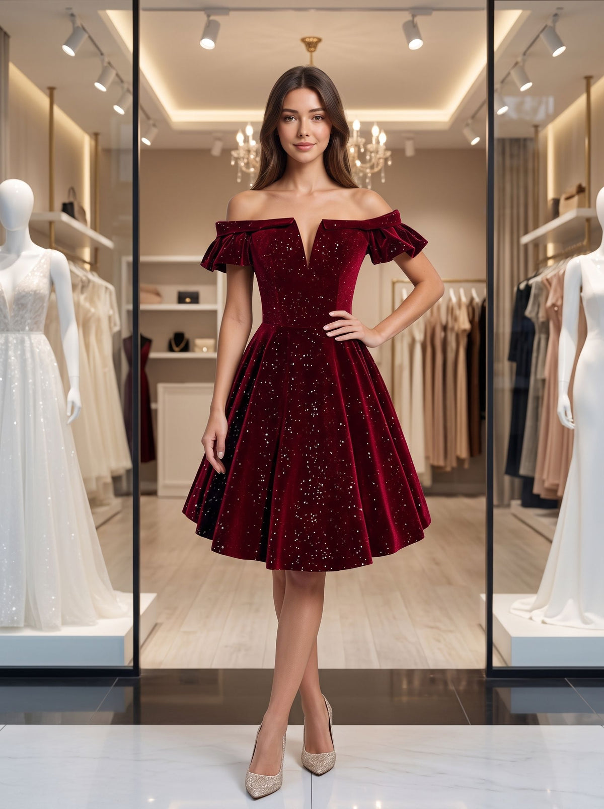 Burgundy Velvet A-Line Off-the-Shoulder Lace-up Knee-Length Dress