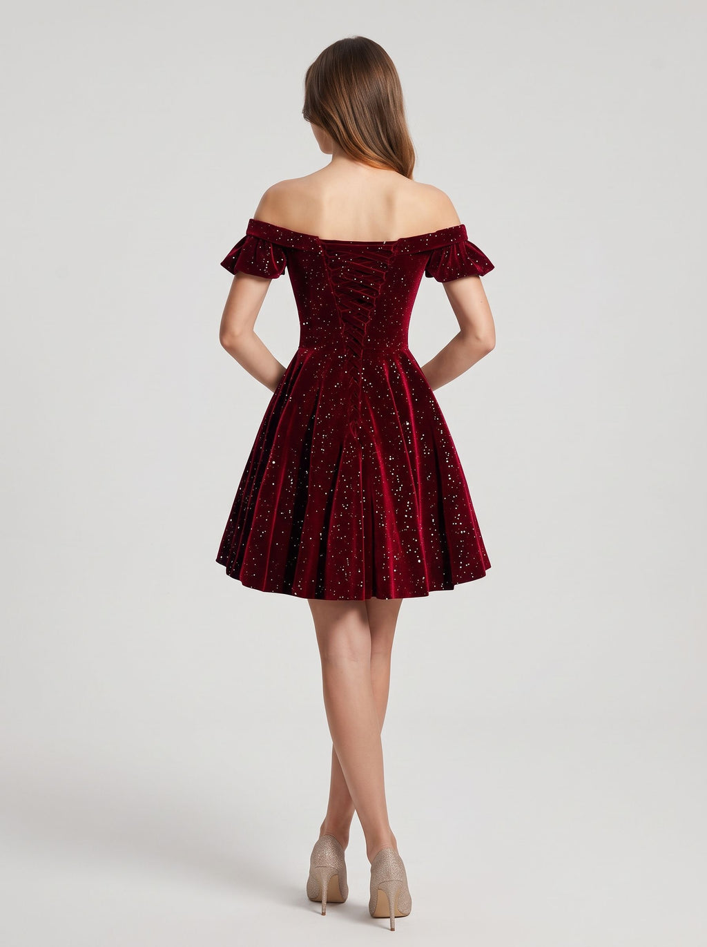 Burgundy Velvet A-Line Off-the-Shoulder Lace-up Knee-Length Dress