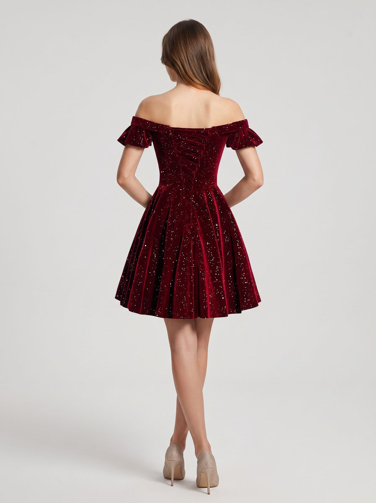 Burgundy Velvet A-Line Off-the-Shoulder Lace-up Knee-Length Dress