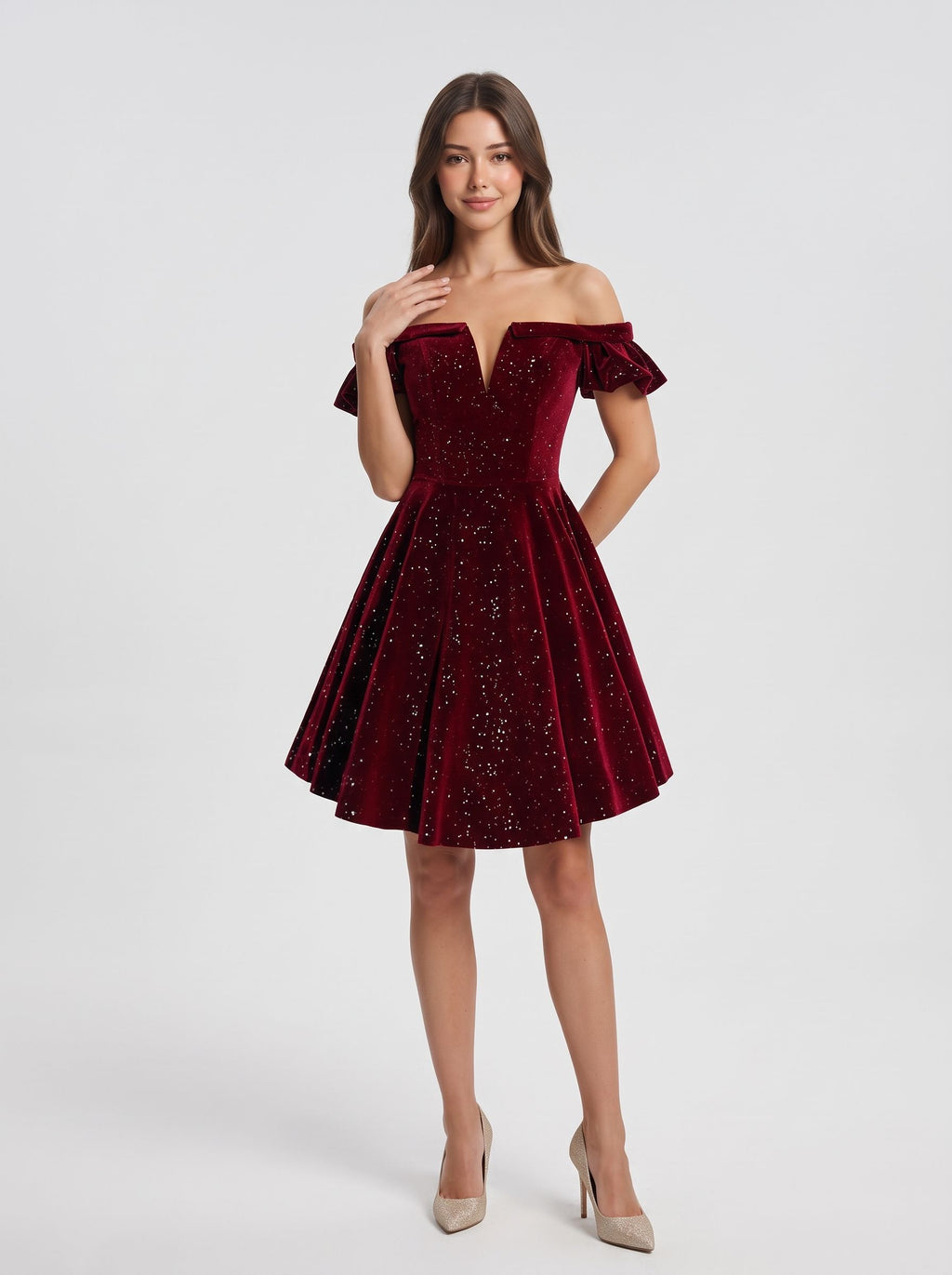 Burgundy Velvet A-Line Off-the-Shoulder Lace-up Knee-Length Dress