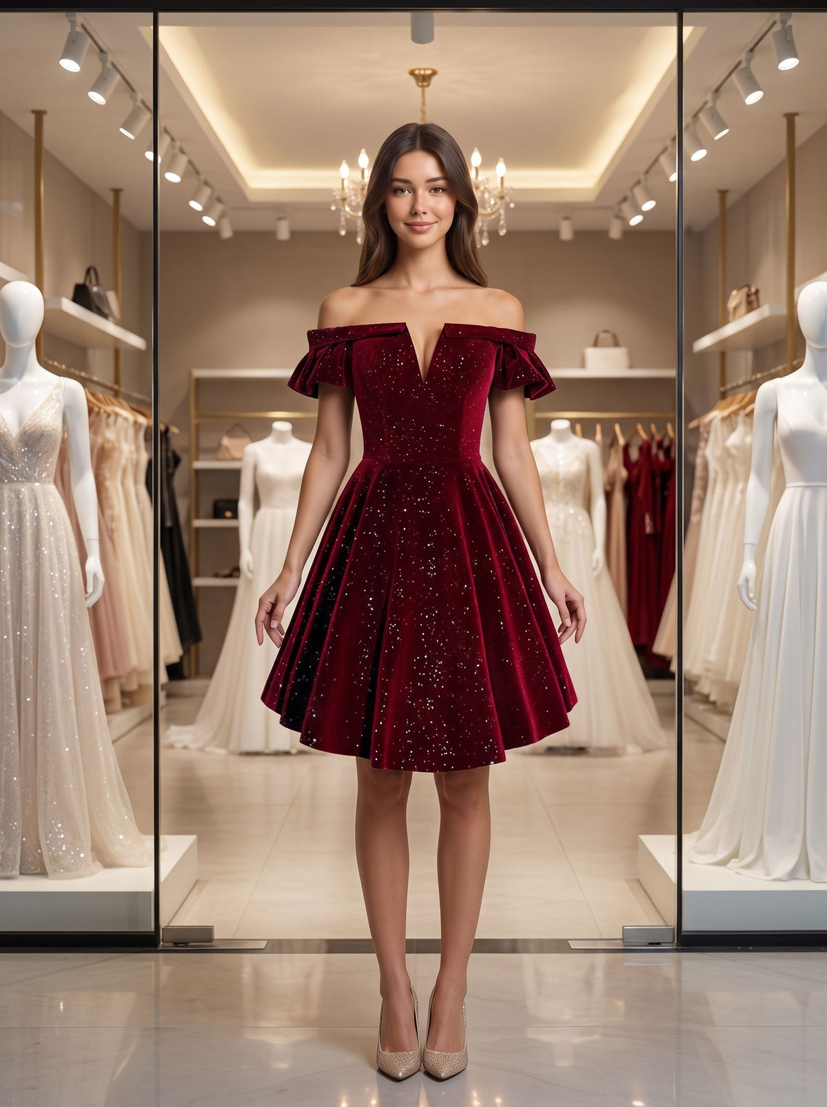 Burgundy Velvet A-Line Off-the-Shoulder Lace-up Knee-Length Dress