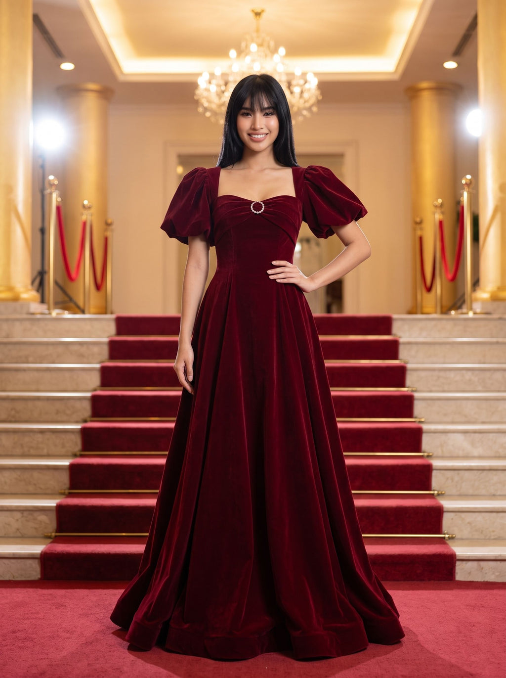 Burgundy Velvet A-Line Square Neck Lace-up Floor-Length Dress