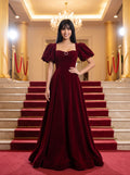 Burgundy Velvet A-Line Square Neck Lace-up Floor-Length Dress