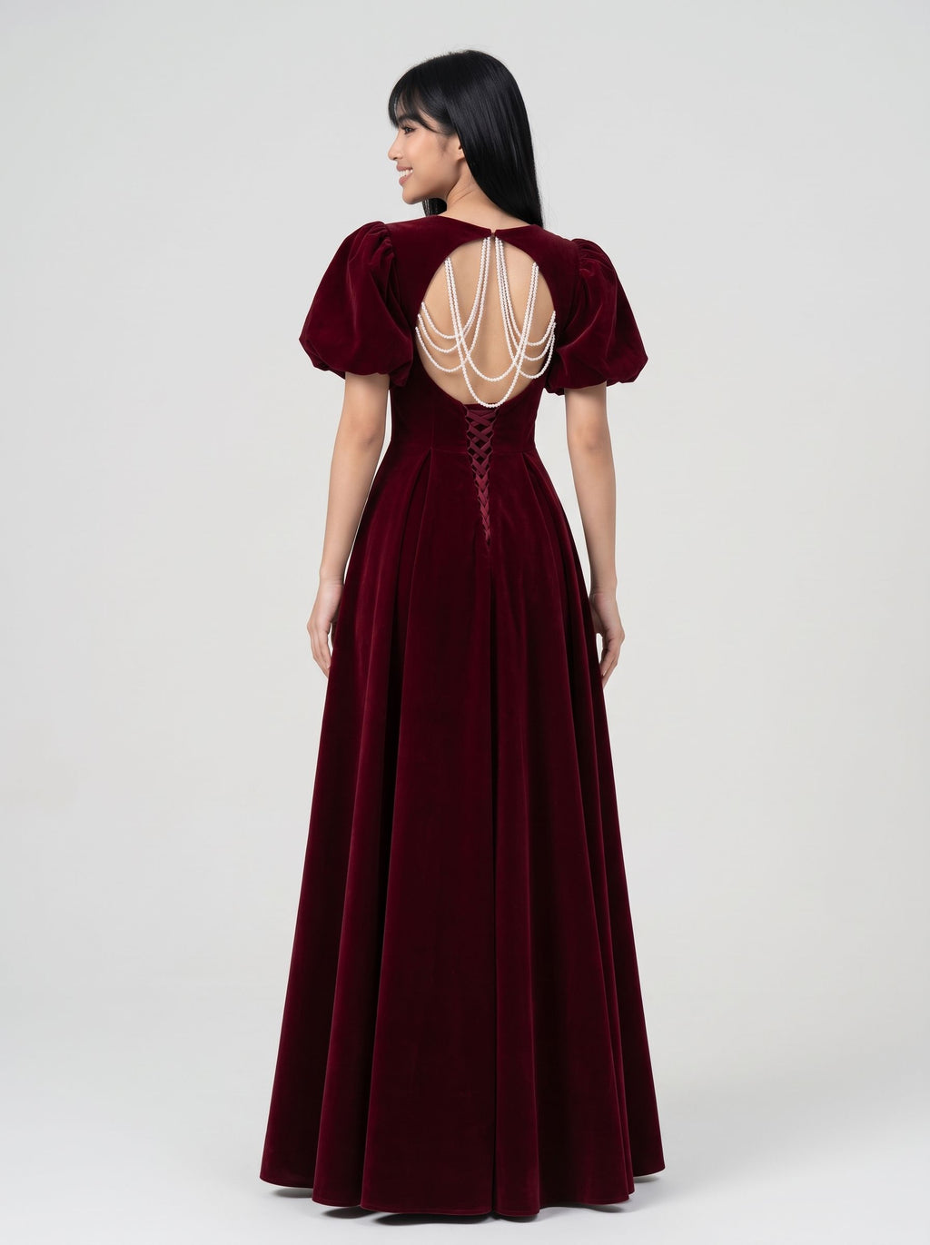 Burgundy Velvet A-Line Square Neck Lace-up Floor-Length Dress