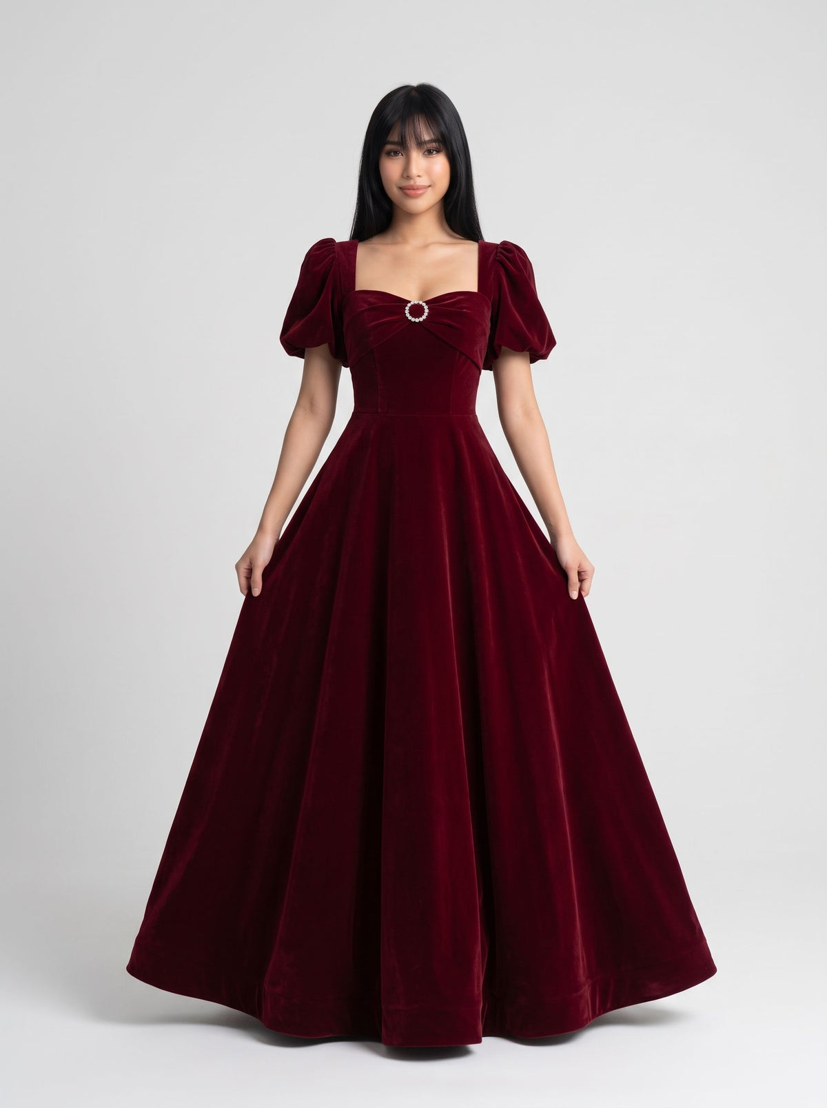 Burgundy Velvet A-Line Square Neck Lace-up Floor-Length Dress