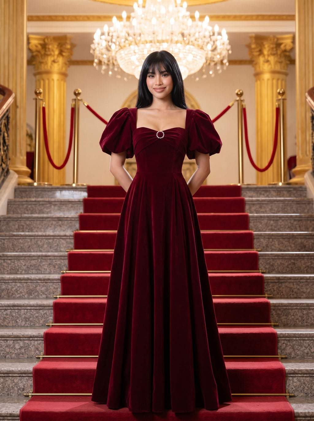 Burgundy Velvet A-Line Square Neck Lace-up Floor-Length Dress