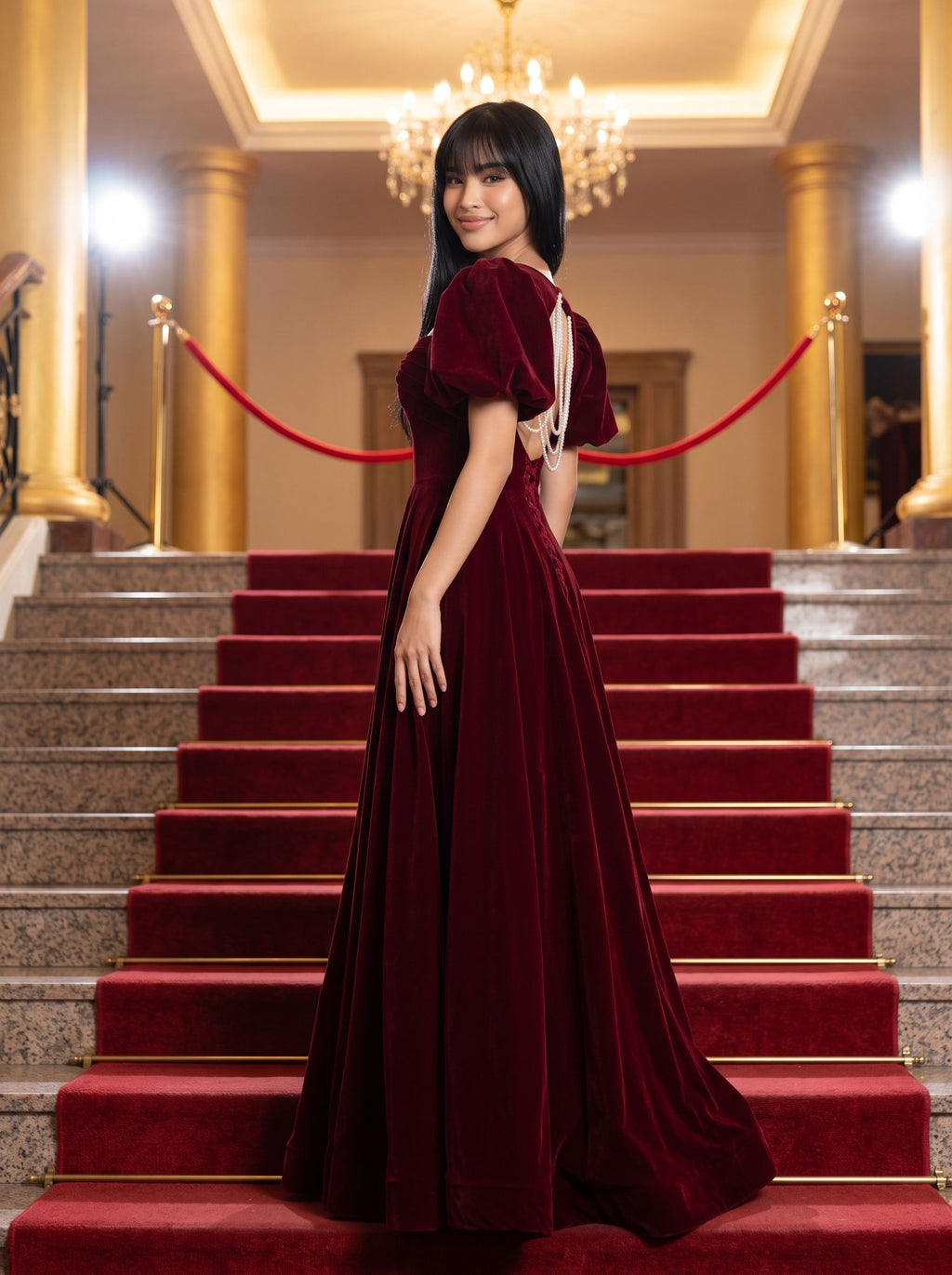Burgundy Velvet A-Line Square Neck Lace-up Floor-Length Dress