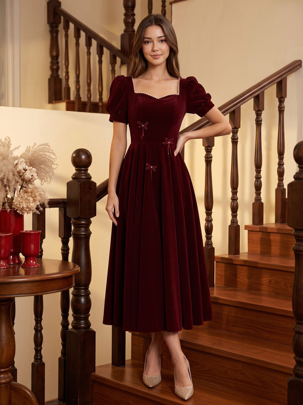 Burgundy Velvet A-Line Sweetheart Lace-up Floor-Length Dress