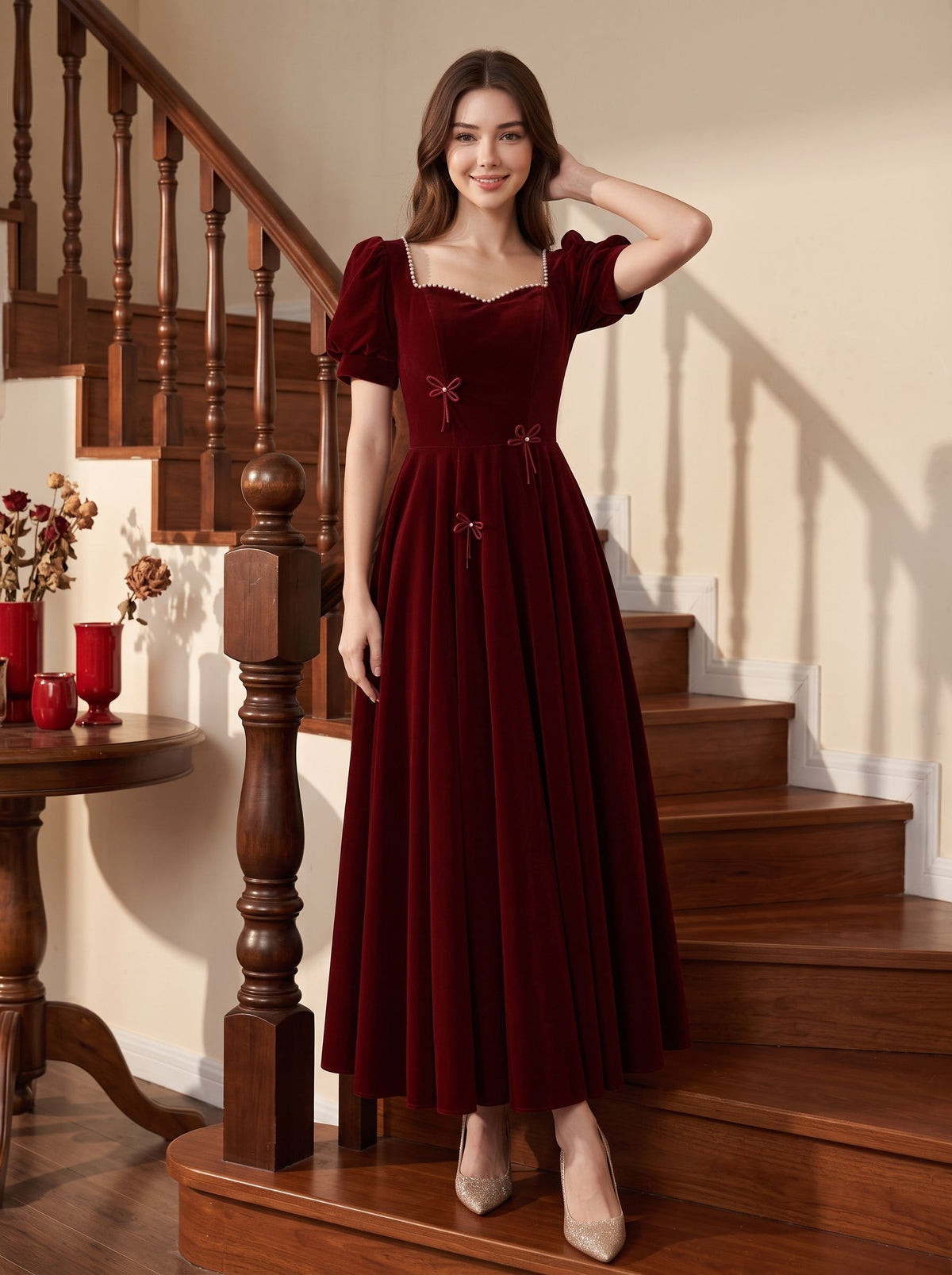 Burgundy Velvet A-Line Sweetheart Lace-up Floor-Length Dress