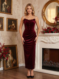 Burgundy Velvet Column Scoop Neck Lace-up Floor-Length Dress