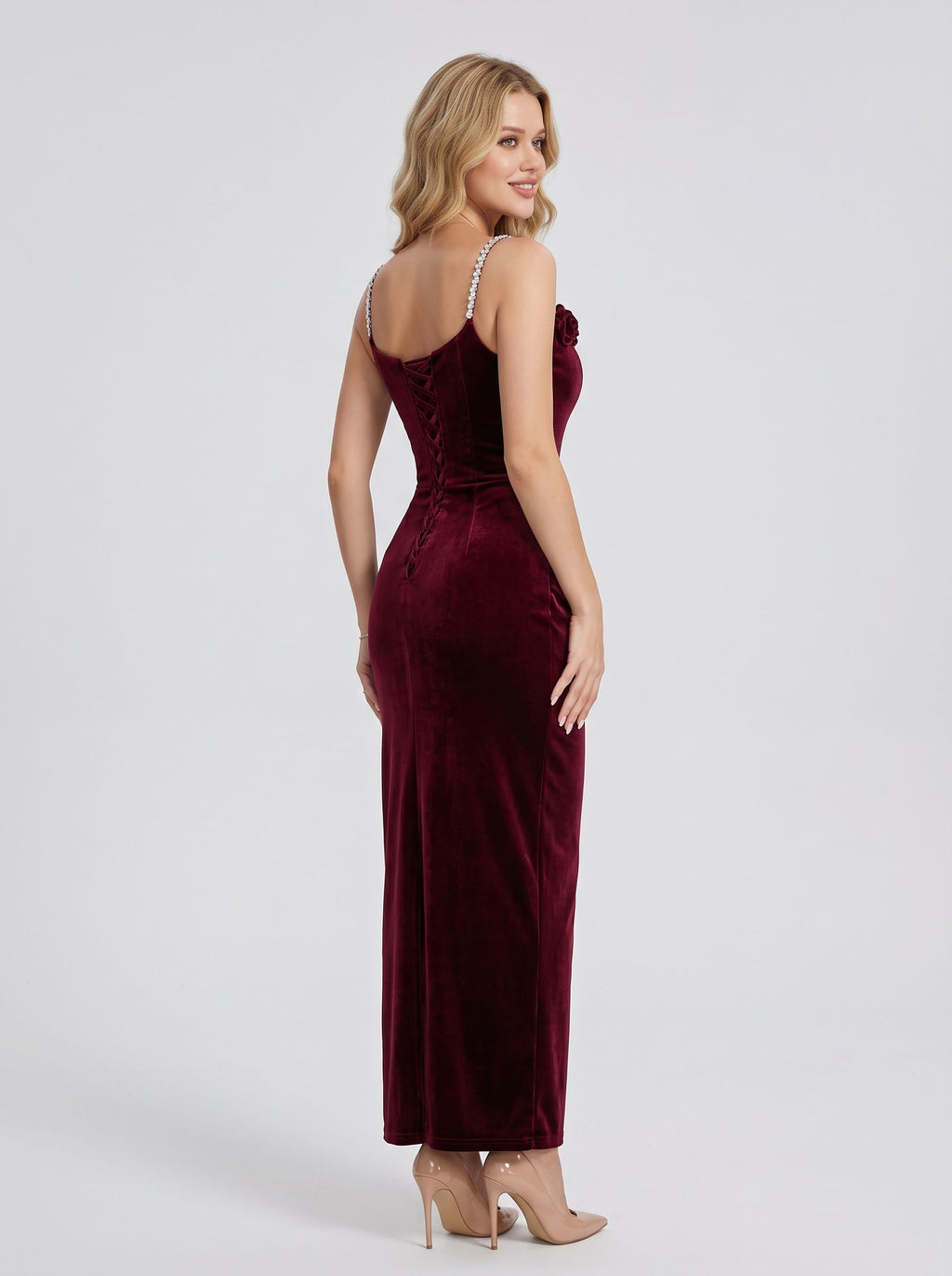 Burgundy Velvet Column Scoop Neck Lace-up Floor-Length Dress