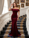 Burgundy Velvet Mermaid Off-the-Shoulder Lace-up Floor-Length Dress