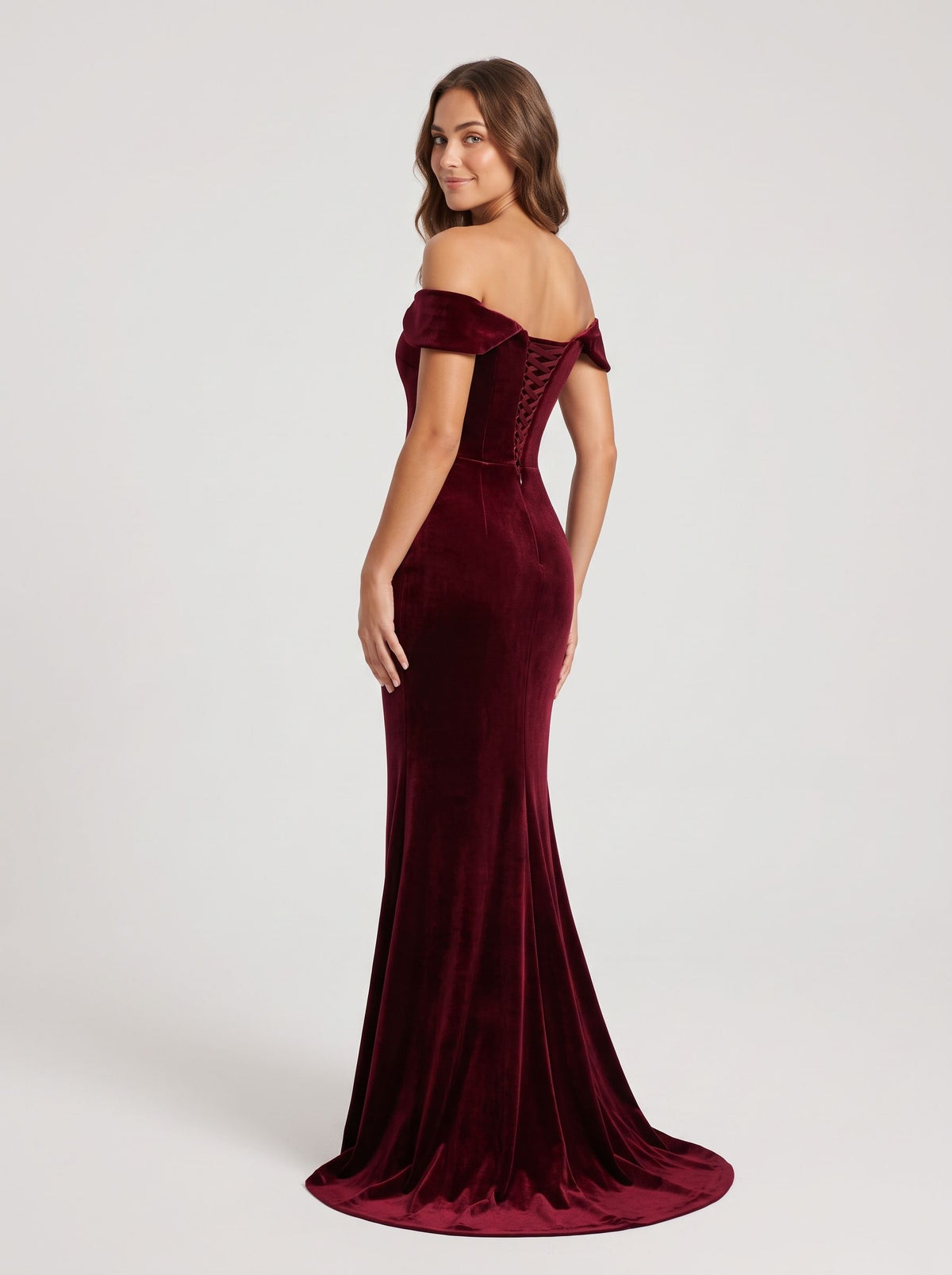 Burgundy Velvet Mermaid Off-the-Shoulder Lace-up Floor-Length Dress